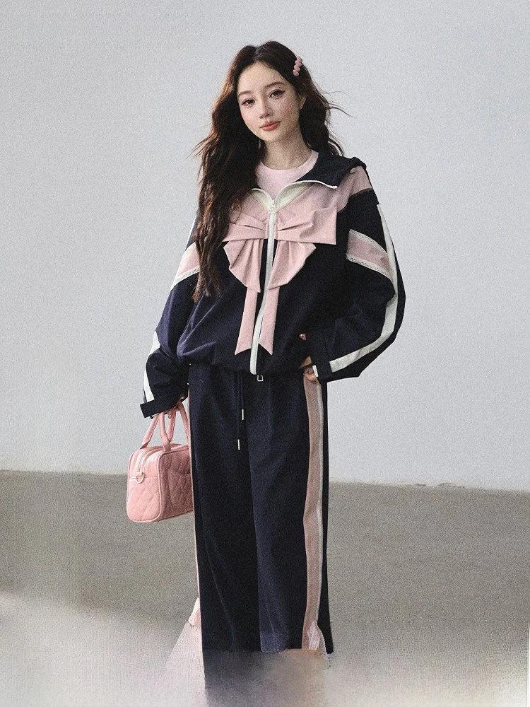 Lulusmiracle College Open Day  Knot Color Block Hoodie Casual Pants Set Women's Fashion Ensemble Korean Style Loose Fit