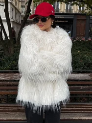 HH Women's Winter Autumn Chic Faux Fur Coat Round Collar Long Sleeve Thick Warm Jacket Female White Pockets Outerwear Mujer