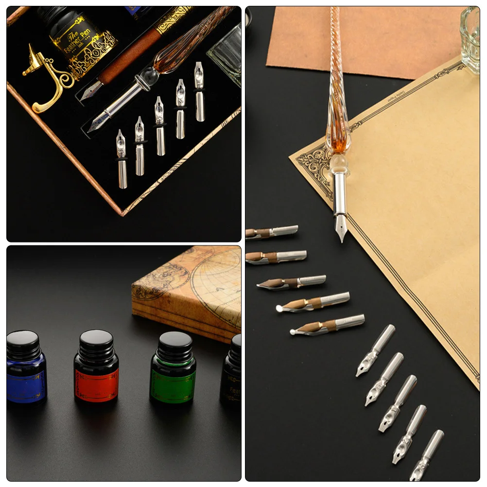 

Wooden Calligraphy Glass Pen Set Polished Surface Smooth Ink Writing Drawing Pen Set Student Stationery