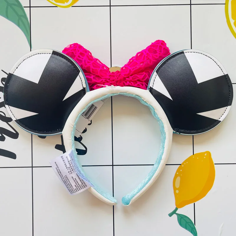 2024 New Disney Ghost-Spider Ear Headband For Adults Women Pink Lace Bow PU Leather Mickey Ear Bag