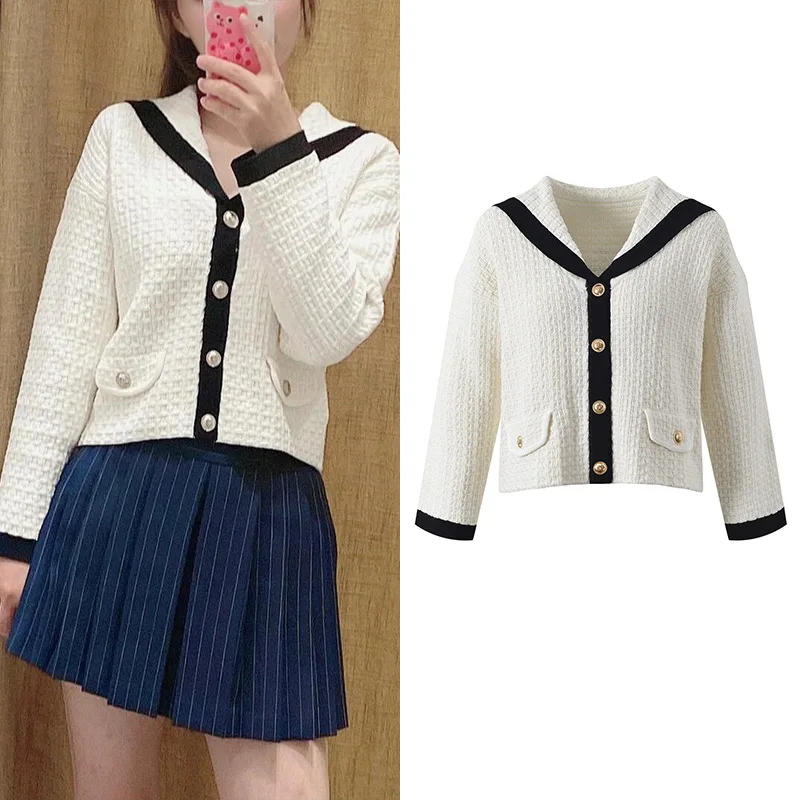 

Faionable женский черно-белый цвет с цветочным воротником, топ-джакет, антивозрастной вязаный свитер, осень-зима, новый универсальный од...