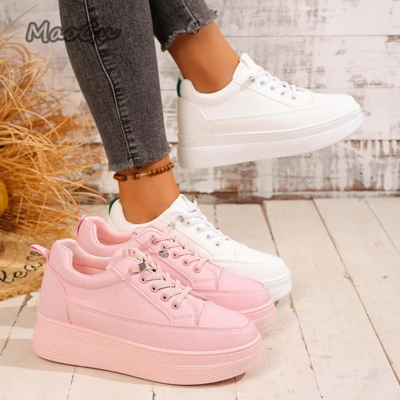 Weiß/Rosa Damen-Plateau-Sneaker mit dicker Sohle, lässig, Alltagskleidung, Damen, Schule, Wanderschuhe, Schnürung, modische Damenschuhe