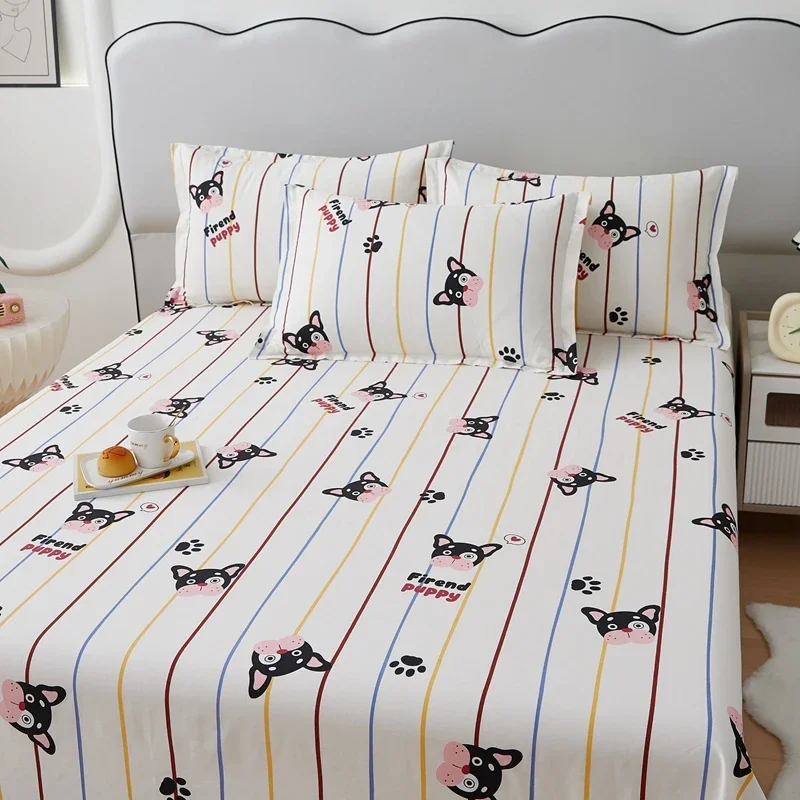 Parure de lit 100% coton avec 2 taies d'oreiller, drap plat, imprimé patte, dessin animé chien, Twin Queen, Kawaii, bouledogue, chiot, rayé