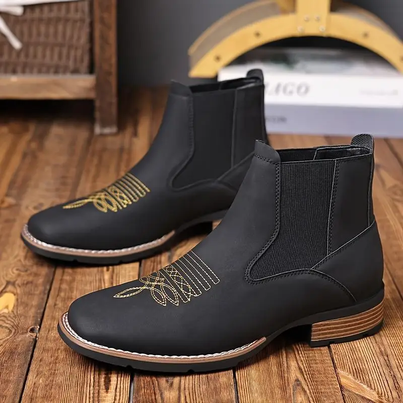 Men's embroidered leather shoes, outdoor comfortable and breathable high-top leather boots
