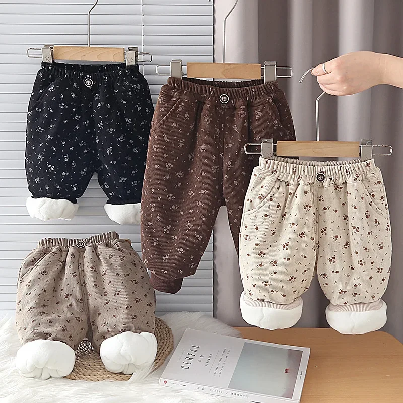 

Vintage Floral Girls Pants Winter Fur Lined Cuffed Trousers Toddler Kids Warm Thick Long Pants 80-120cm