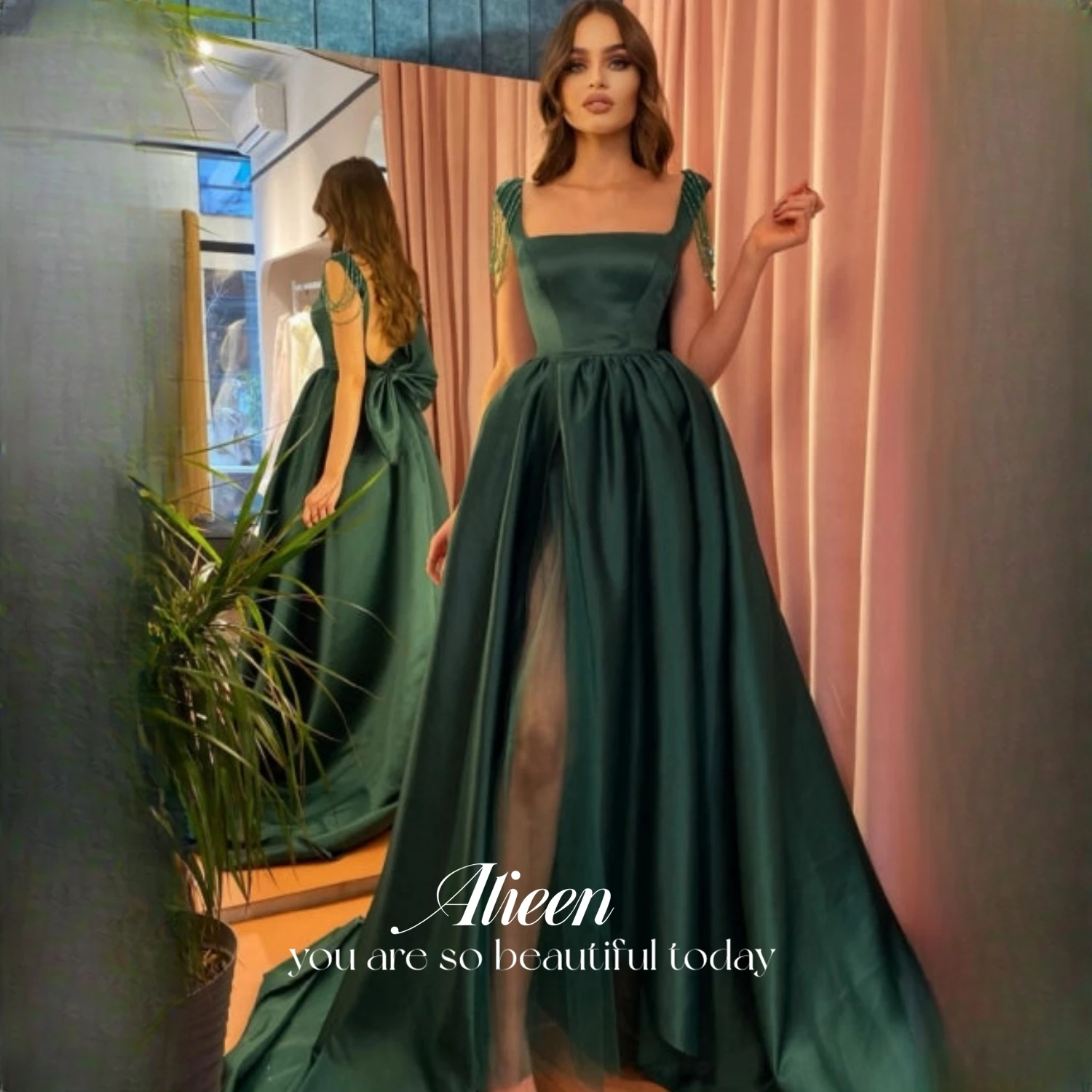 

Line A Quinceanera Dresses for Prom Eid Al-fitr Satin Elegant Gown Back Bow Green Guest Wedding Party Dress Women Elegant Luxury