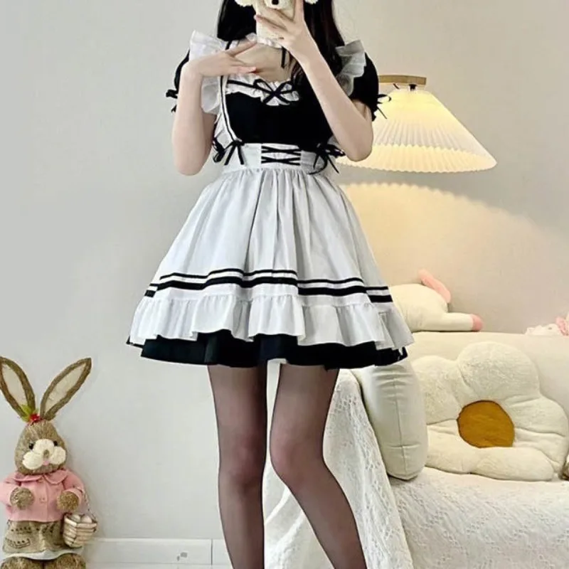 Japanese Cute Student Lolita Maid 2024 Spliced Pullover One Line Neck with Ruffle Edge Bow Fashion Slim Fit Short Sleeved Dress