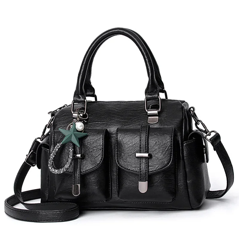 Female Boston Fashion Handbag Soft Leather Large Capacity Mother Bag Retro Women\'S Shoulder Multi-Pocket Female Bag L10