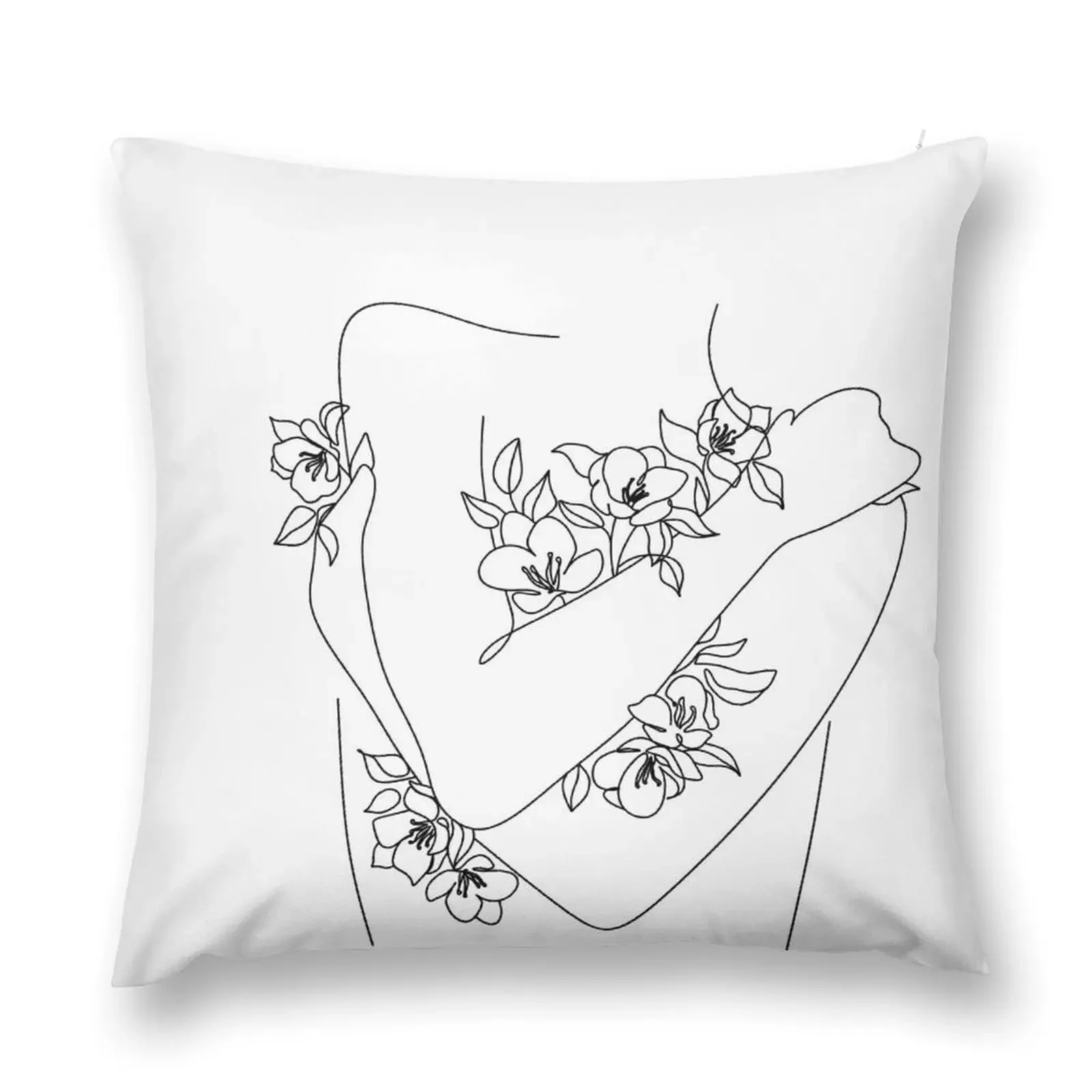 Self love. woman hugs herself, flowers grow out Line Art Print. Woman With Flowers. Nude Line Art. Throw Pillow