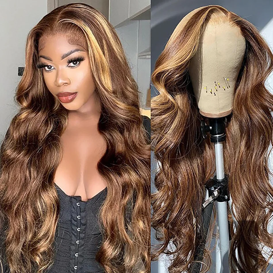 Perruque Lace Front Wig Body Wave Brésilienne Remy Naturelle, Cheveux à Reflets Colorés HD, P4/27, Densité 180%, pour Femme