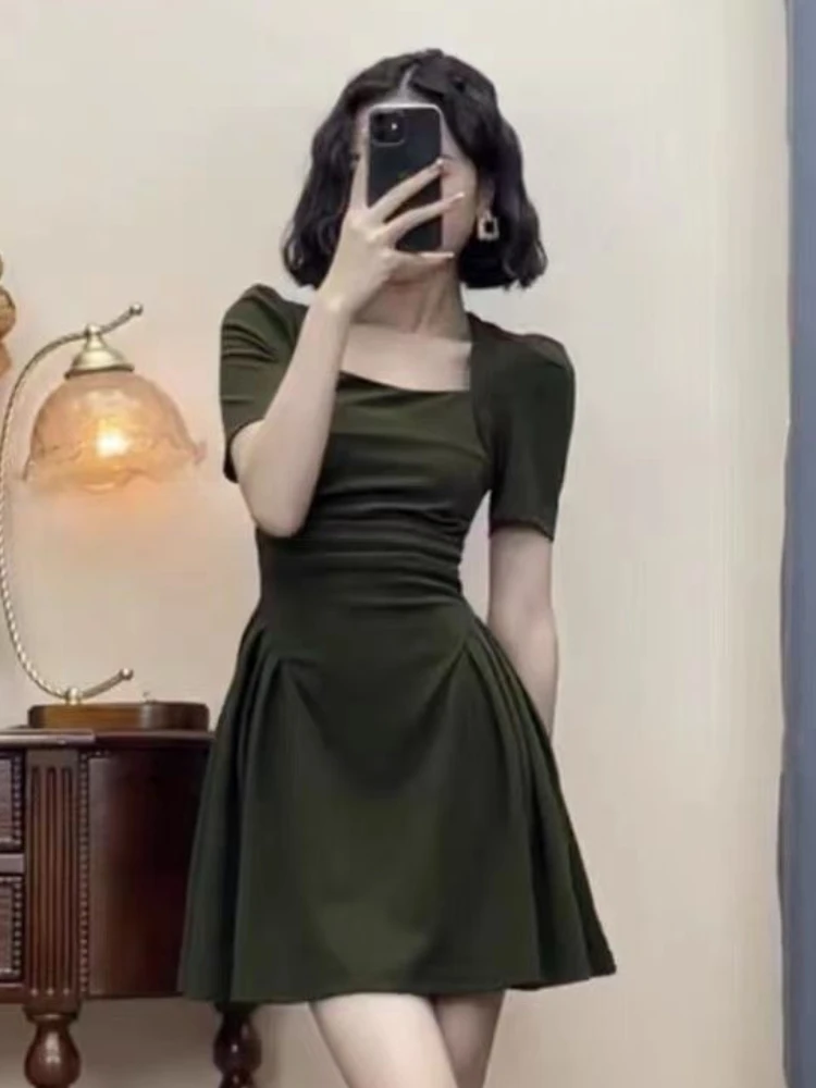 Mini Dress for Women Folds Solid Puff Sleeve Summer Design Tender Daily Korean Style Slim Fit Popular Fashion Vestido Feminino