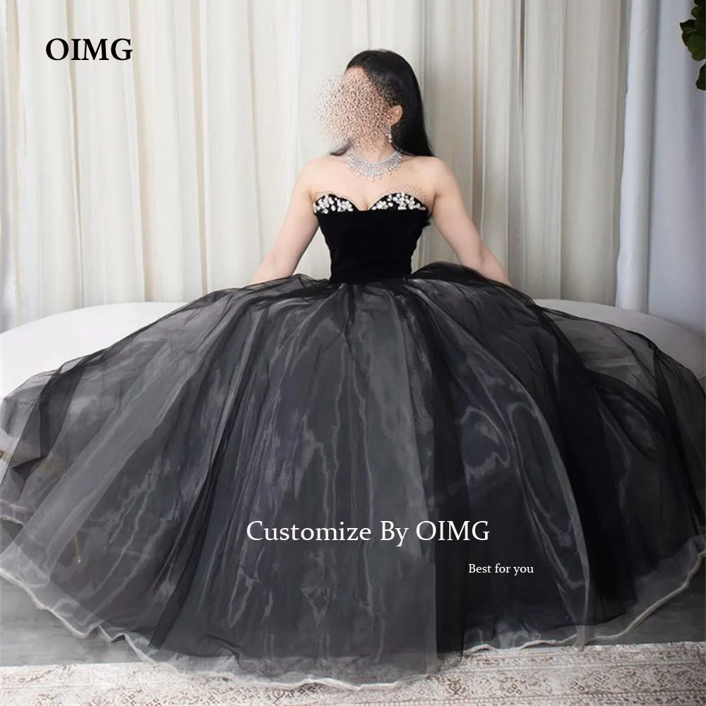 

OIMG Black A Line Velour Tulle Evening Party Dresses Sleeveless Shiny Beads Sweetheart Arabic Women Tea Length Formal Prom Gowns