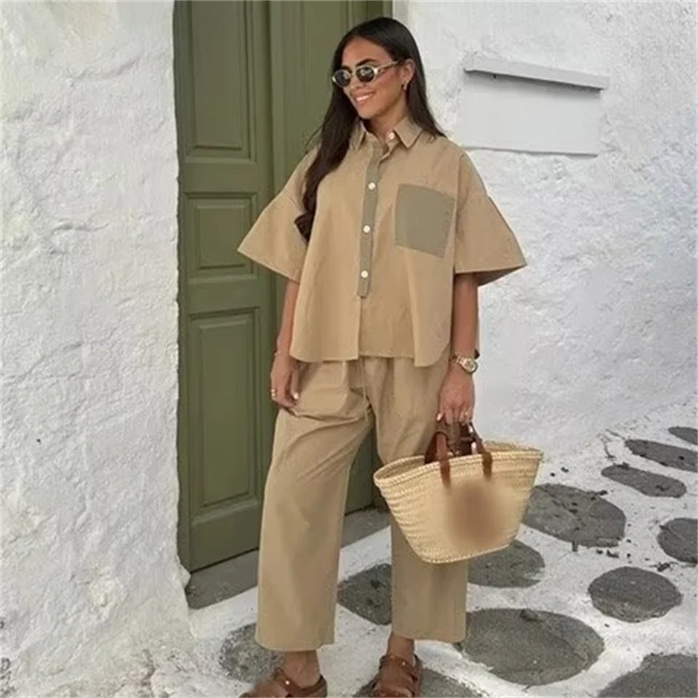 PB&ZA2024 Summer New Product Casual Women\'s Fashion Versatile Loose Colored Short sleeved Top Wide Leg Long Pants Set