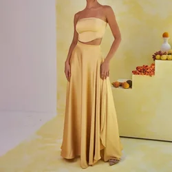 Women Party Two Piece Sets Skirt Outfits Short Top Sleeveless Backless Solid Color Strapless Sexy Ensemble Long Skirts Suit