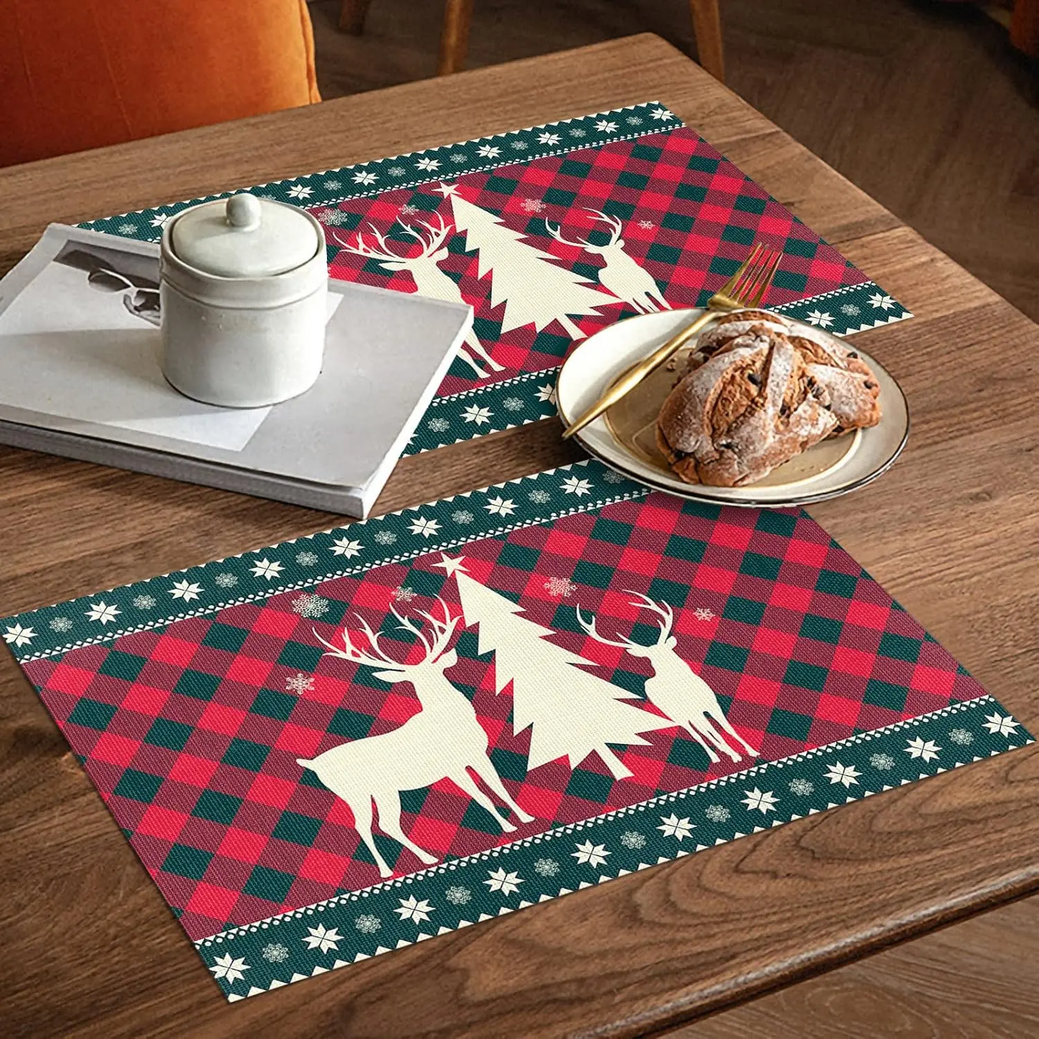 Christmas Reindeer Plaid Table Mats for Kitchen Party Decor Washable Winter Xmas Holiday Table Placemats Christmas Decorations