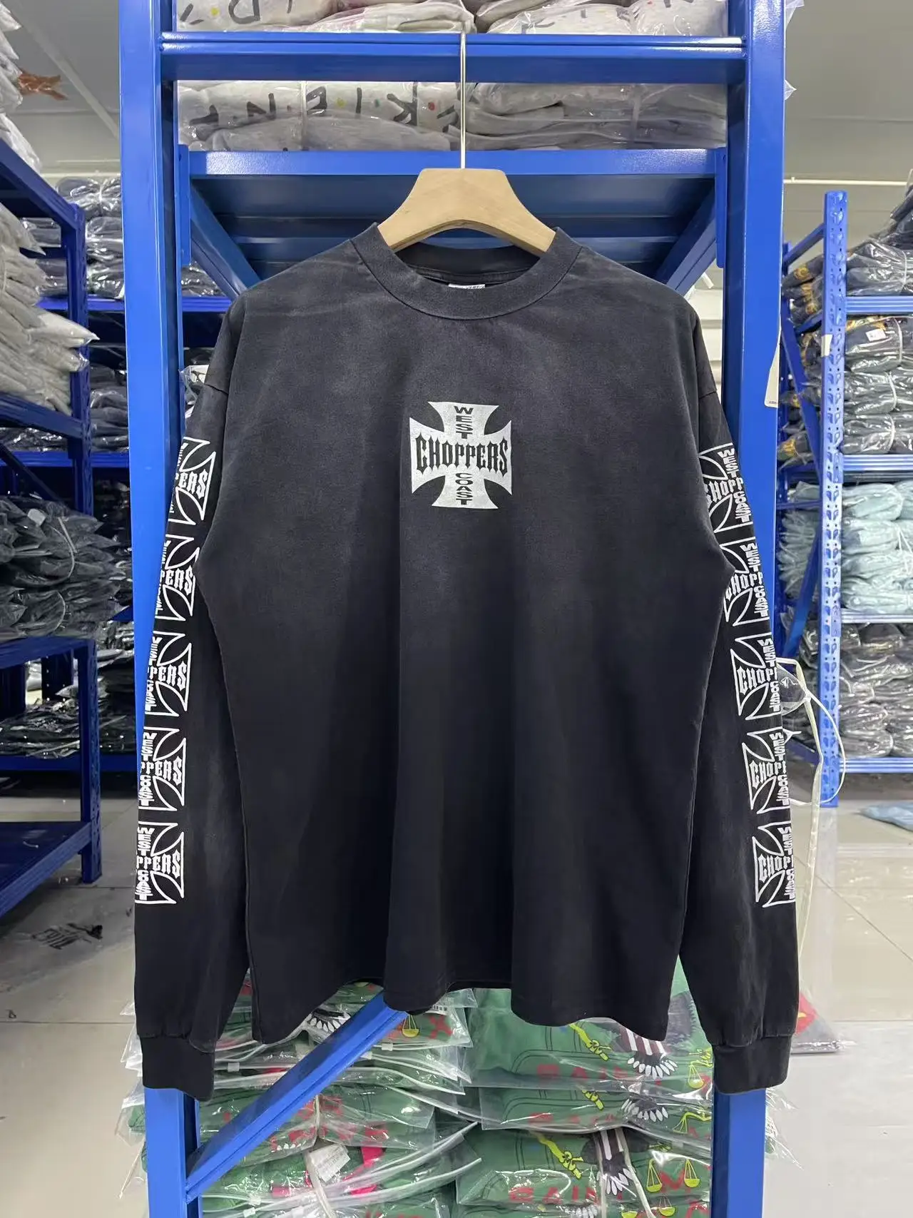 West Coast Choppers Men's Retro Hollowed-out Cross-Design Washed Long-Sleeved T-Shirt