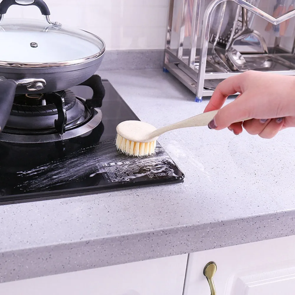 4pcs Practical Long Handle Pot Cleaning Brush Wheat Fiber Hanging Hole Dish Brush Set Kitchen Scrub Brush Household Cleaning