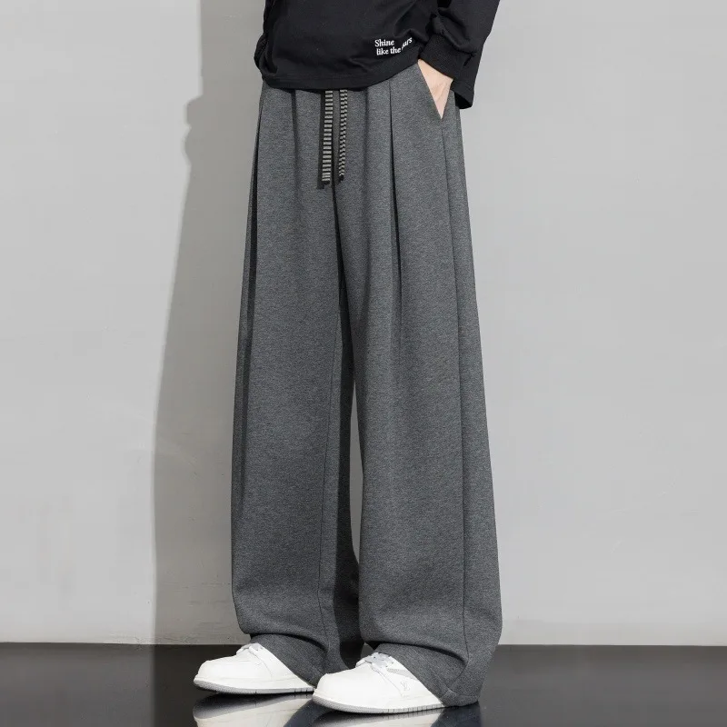 2026 Fall Winter Mens Faux Layered Cotton Sweatpants High Street Loose Wide Leg Casual Sports Knit Long Trousers