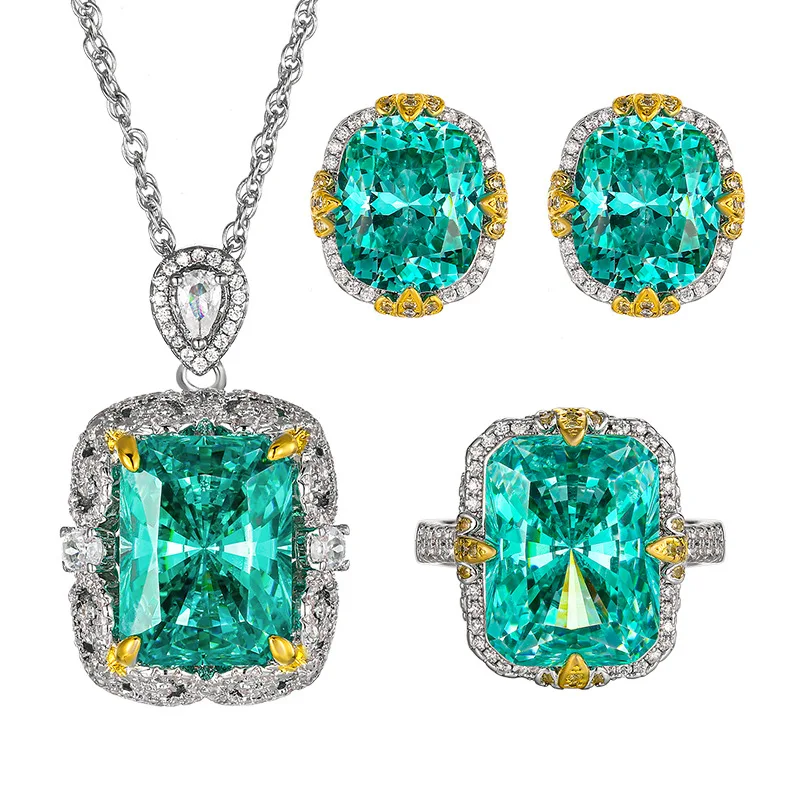 

2025 New Trend Green Tourmaline Ring Pendant Necklace Earrings for Women Retro Gemstone Cocktail Party Fine Jewelry Set