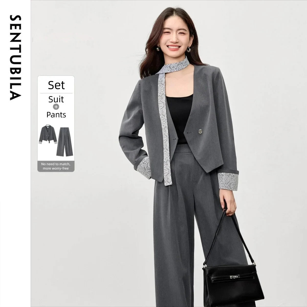 

SENTUBILA Брючные костюмы для женщин, однотонный короткий пиджак с v-образным вырезом и длинными рукавами, широкие брюки, осень 2023, новые комплекты из двух предметов 153ZA2734