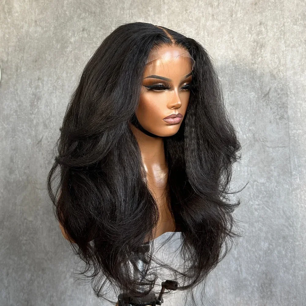 

Soft 26“Long Yaki Natural Black Kinky Straight Wave 180Density 13x4 Lace Front Wig For Women With Baby Hair Preplucked Glueless