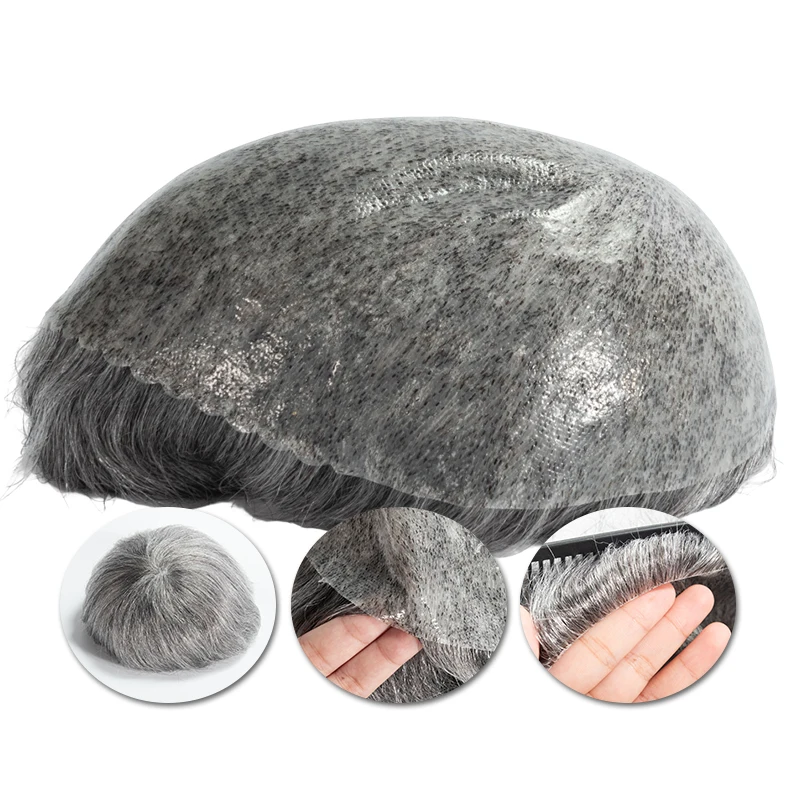 Men Toupee Thin Skin Human Hair Wigs Antibacterial Full PU 0.14mm Men's Wigs With Knots Skin Friendly Natural Hair System Units