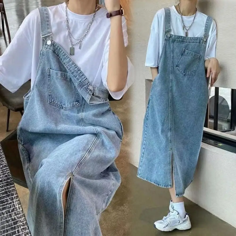 Vintage Preppy Style Sleeveless Jeans Dresses a-Line Loose Denim Overalls Skirt Pocket Solid Suspender Skirt Denim Summer