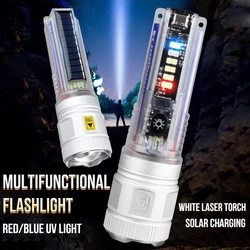 White Laser Torch EDC Flashlight Strong Focused Long Range with Solar Rechargeable UV Light Warning Light for Outdoor Camping