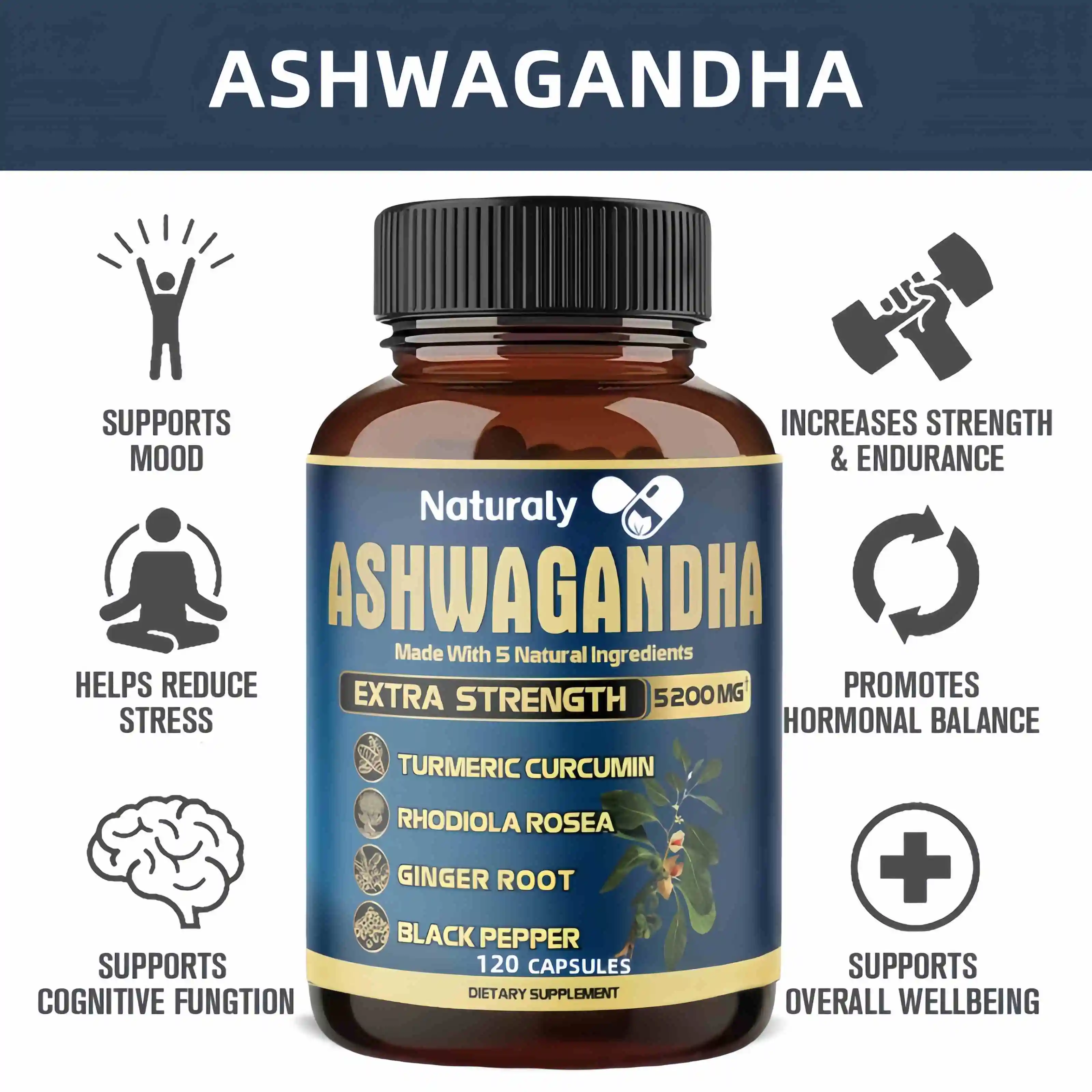 Ashwagandha Capsules 5200 mg Stress Mood Support Formula for Relaxation, Energy and Focus, 120 Vegetarian Capsules