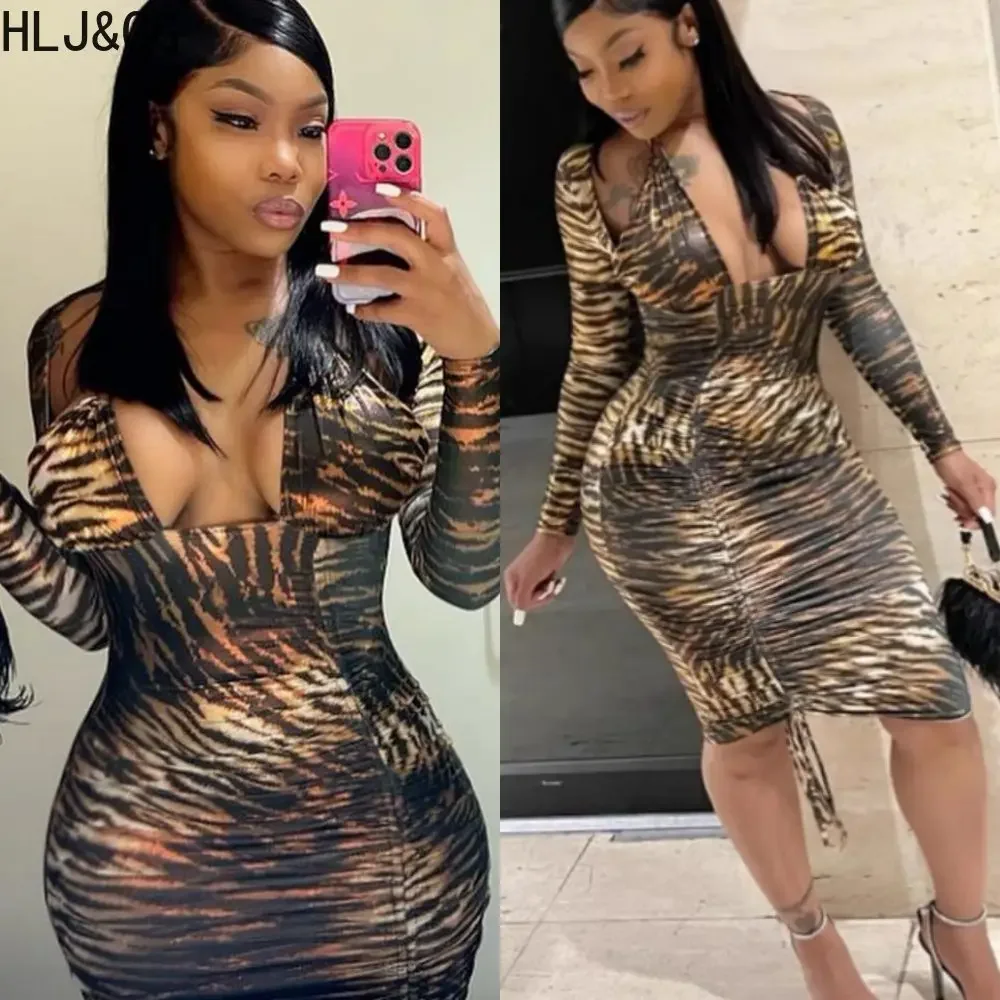 

HLJ&GG Sexy Leopard Print Printing Bodycon Long Dresses Women V Neck Long Sleeve Drawstring Slim Vestidos Fashion Ruched Clothes
