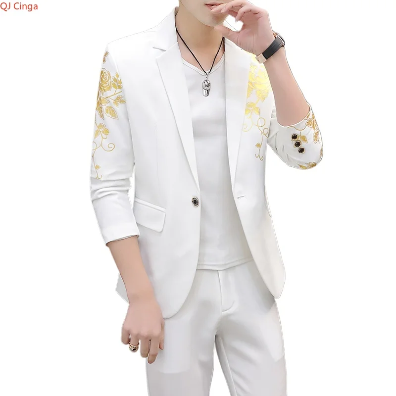

‌Men's White Embroidered Rose Blazer Suit Set, Slim Fit, Casual Business, 2025 New Arrival‌ ( Jacket and Pants )