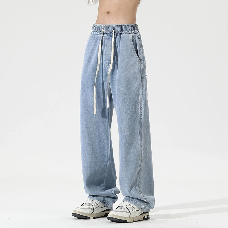 2025 جديد الرجال الشتاء جينز غير رسمي الذكور موضة فضفاضة مستقيم الدينيم السراويل سليم صالح مرونة الخصر الدخان رمادي أزرق فاتح بنطلون