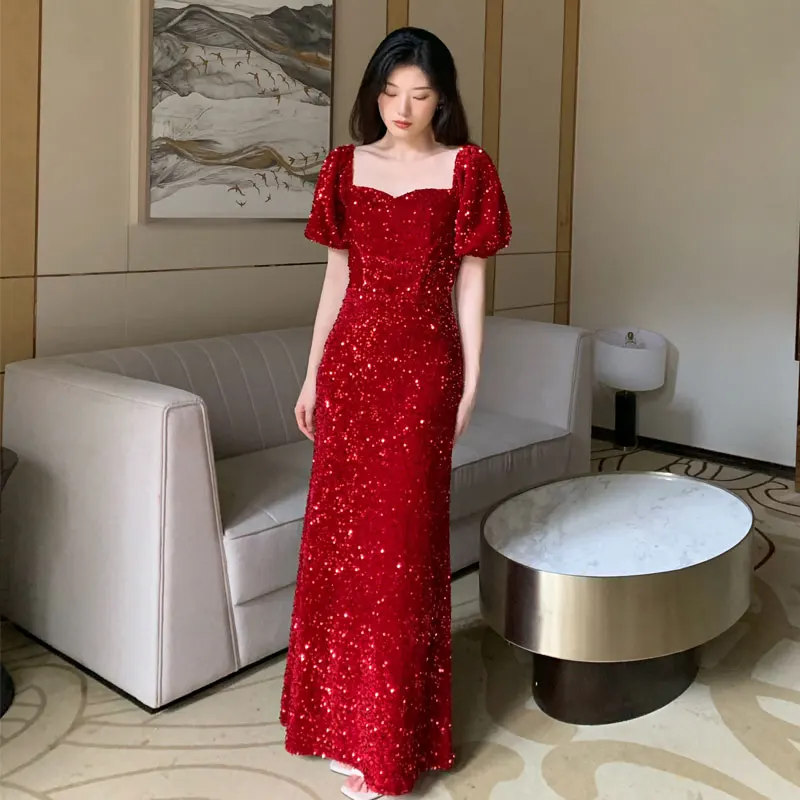 ASL-85#Evening Dress for Women 2024 New Style Banquet High end French Wine Red Glitter Annual Meeting Host Dress Cheap Wholesale