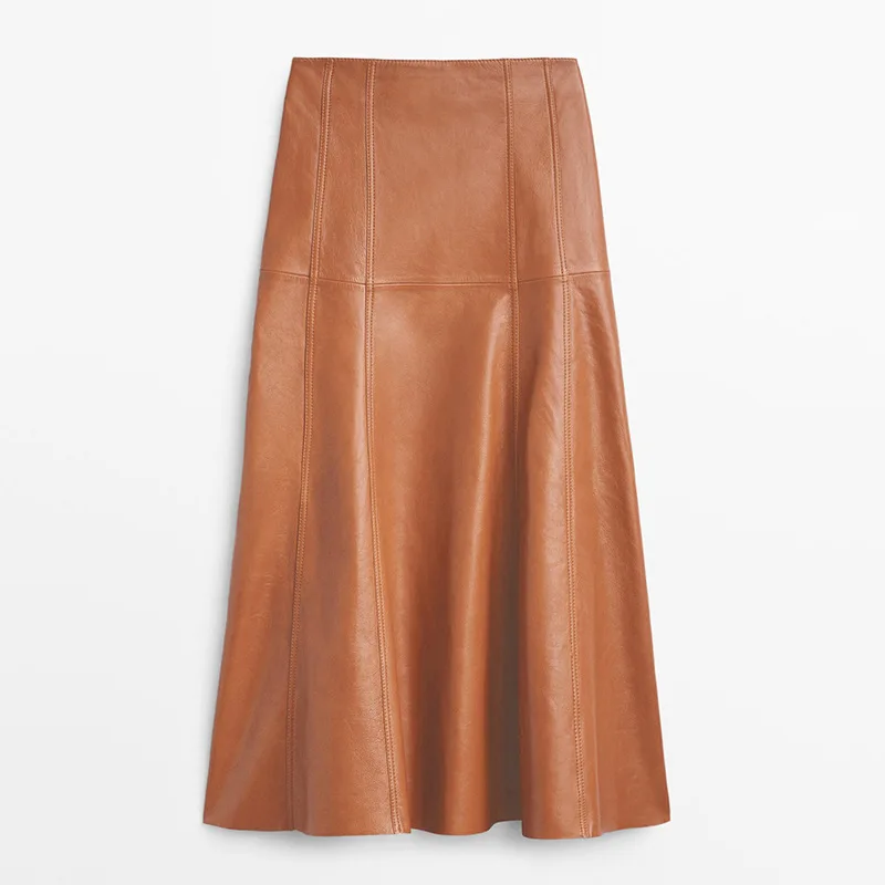 2023 Genuine Leather Skirt Spring and Autumn New High Waist Slim Splicing Elegant Knee Over Fish Tail Long Dress Sheepskin Half