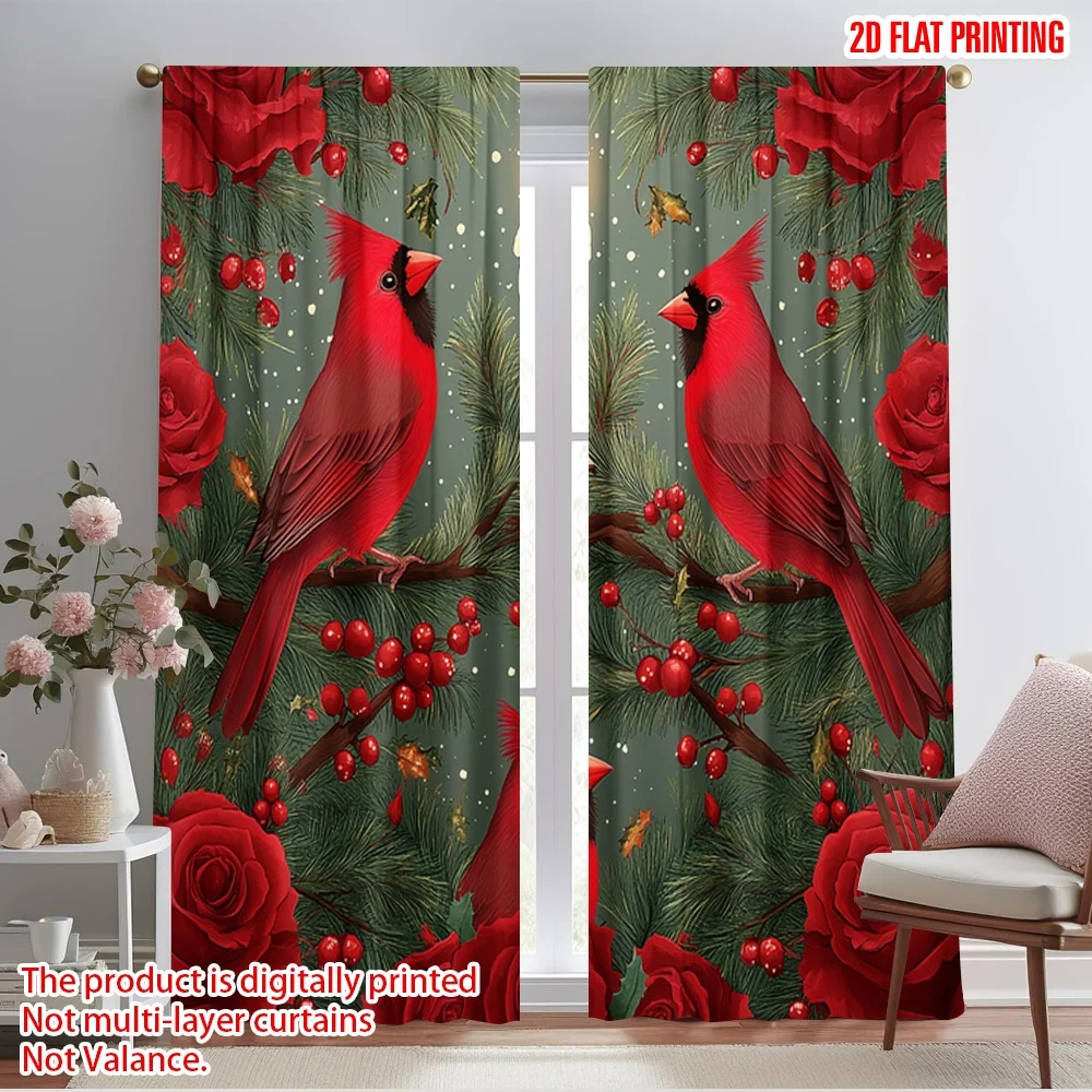 2pcs,2D plane printing Creative Curtains Cardinal Bird Christmas Winter Red (2) Versatile Durable Polyester (without rod)