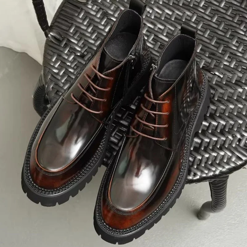 Winter Patent Leather Men's Boots Luxury 5cm Rubber Foam Thick-soled Height-increasing Shoes For Men High-top Men Leather Shoes
