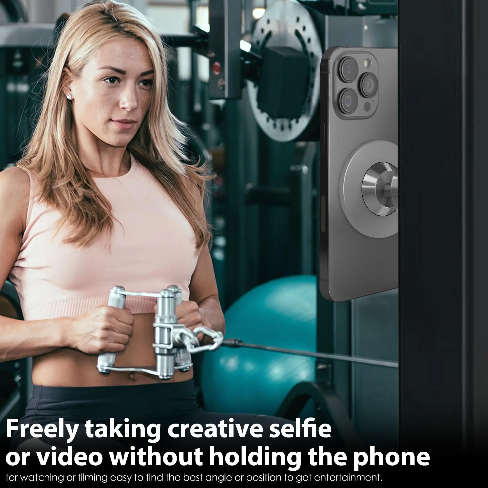 حامل هاتف مغناطيسي من Gym Mate وحامل هاتف شفط مغناطيسي على الوجهين لـ MagSafe. قم بتصوير فيديو بدون استخدام اليدين أثناء العمل