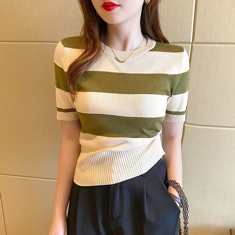 Striped Ice Silk Knitted T-shirt Women Summer Slim Short Sleeve Casual Top Tee