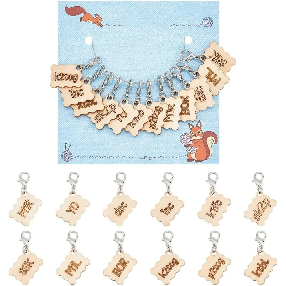 12 Stück 12 Stile Holz-Rechteck-Stichmarker, Holzbuchstaben, Häkeln, Stichmarker, Verriegelungsstichmarker mit Karabinerverschluss
