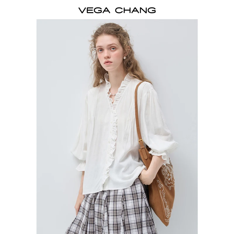 

Vega Chang Spring and Autumn New Women's Loose Shirt French Court Style V-Neck Ruffled Top