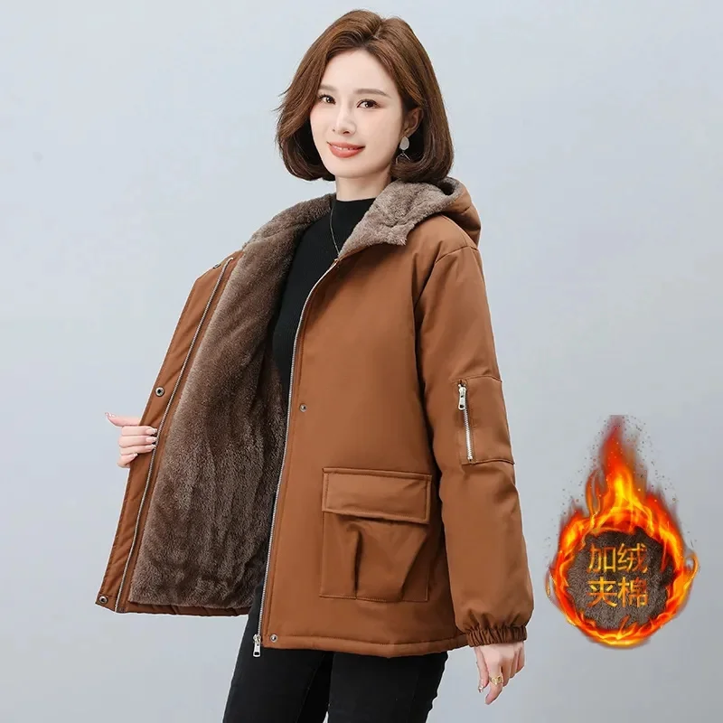 Plus Velvet Padded Parker Cotton-Padded Jacket Female Winter 2024 New Loose Plus Size Cotton Jacket Mom Medium Long Cotton Coat