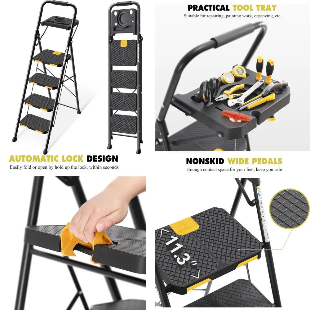넓은 발판, 도구 플랫폼, 안전 잠금 장치가 있는 접이식 4단 강철 사다리, 가정 및 작업장용으로 휴대 가능하고 견고함