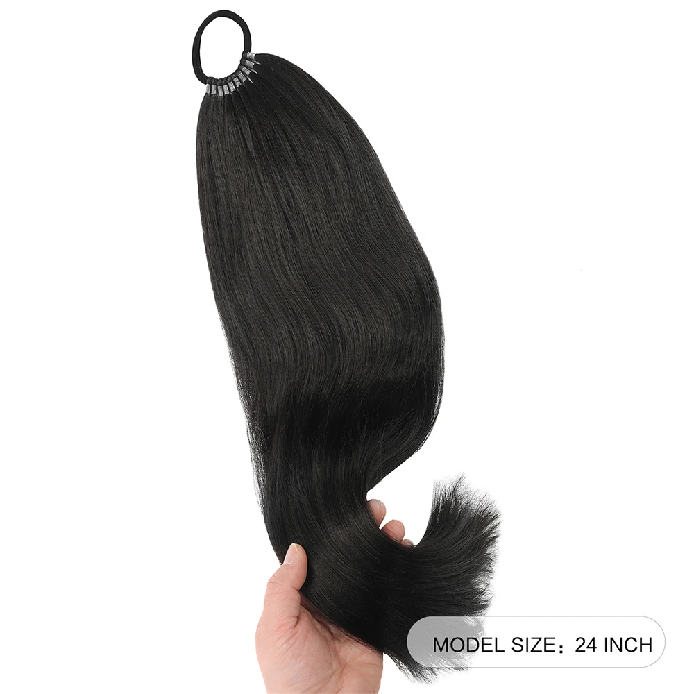 24 Inch Straight Ponytail With Elastic Band Synthetic Ponytail Extension Wrap Around Heat Resistant Pony Tail for Women image 4