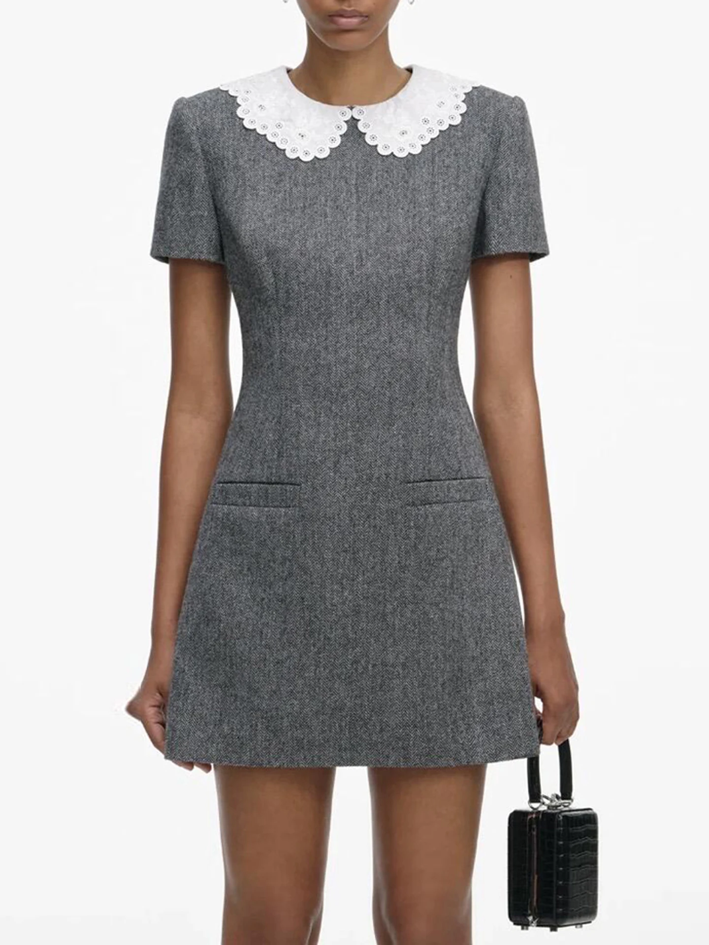 Grey Series Embroidered Doll Collar Waist-Cinching Dress Elegant Simple Style Commute Spring Autumn Season A-Line Skirt Dress