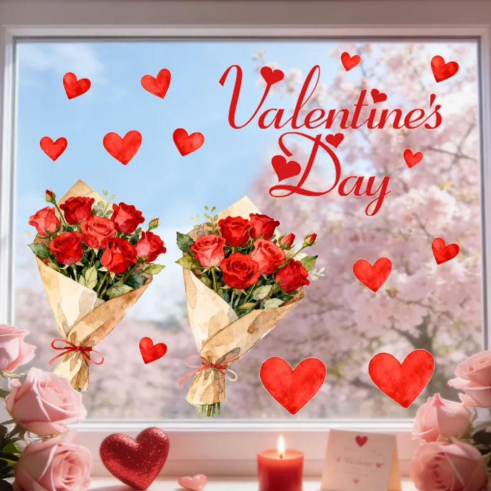 Valentine\\\'s Day Decor As Shown Heart Window Cling Glass Static Decor Static Cling Technology Adhesive-free Application
