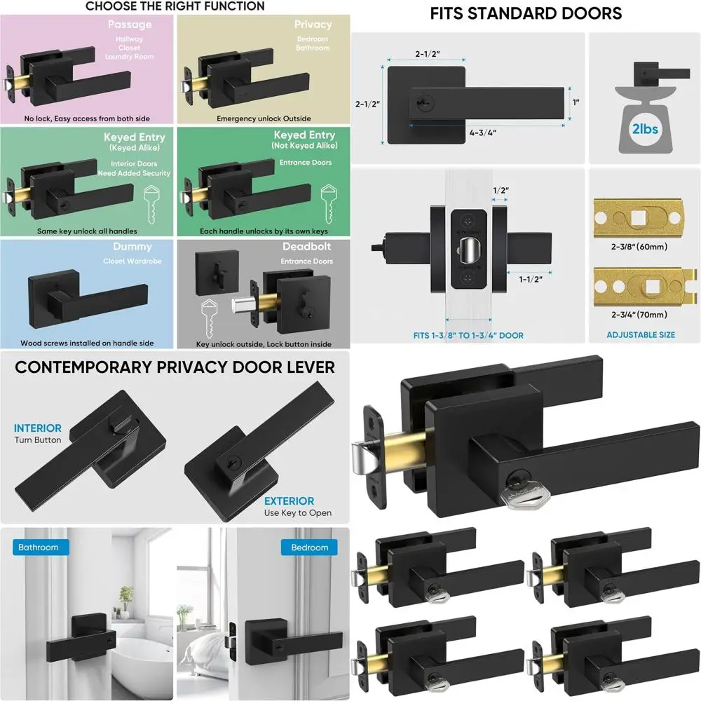 

Усиленные матовые черные дверные ручки, двусторонние квадратные рычаги для спален и ванных комнат, набор из 5 штук (с ключом, без ключа)