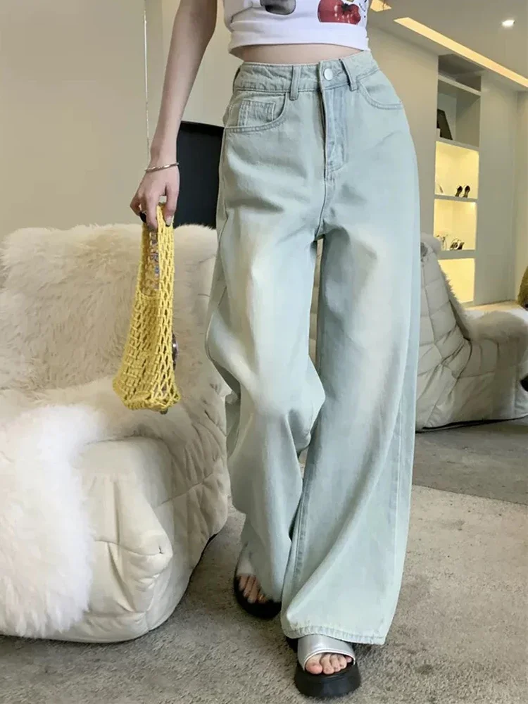 

Classic Washed Distressed Loose Straight Women Jeans Summer Fashion Full Length Casual Street Solid Color Female Wide Leg Pants