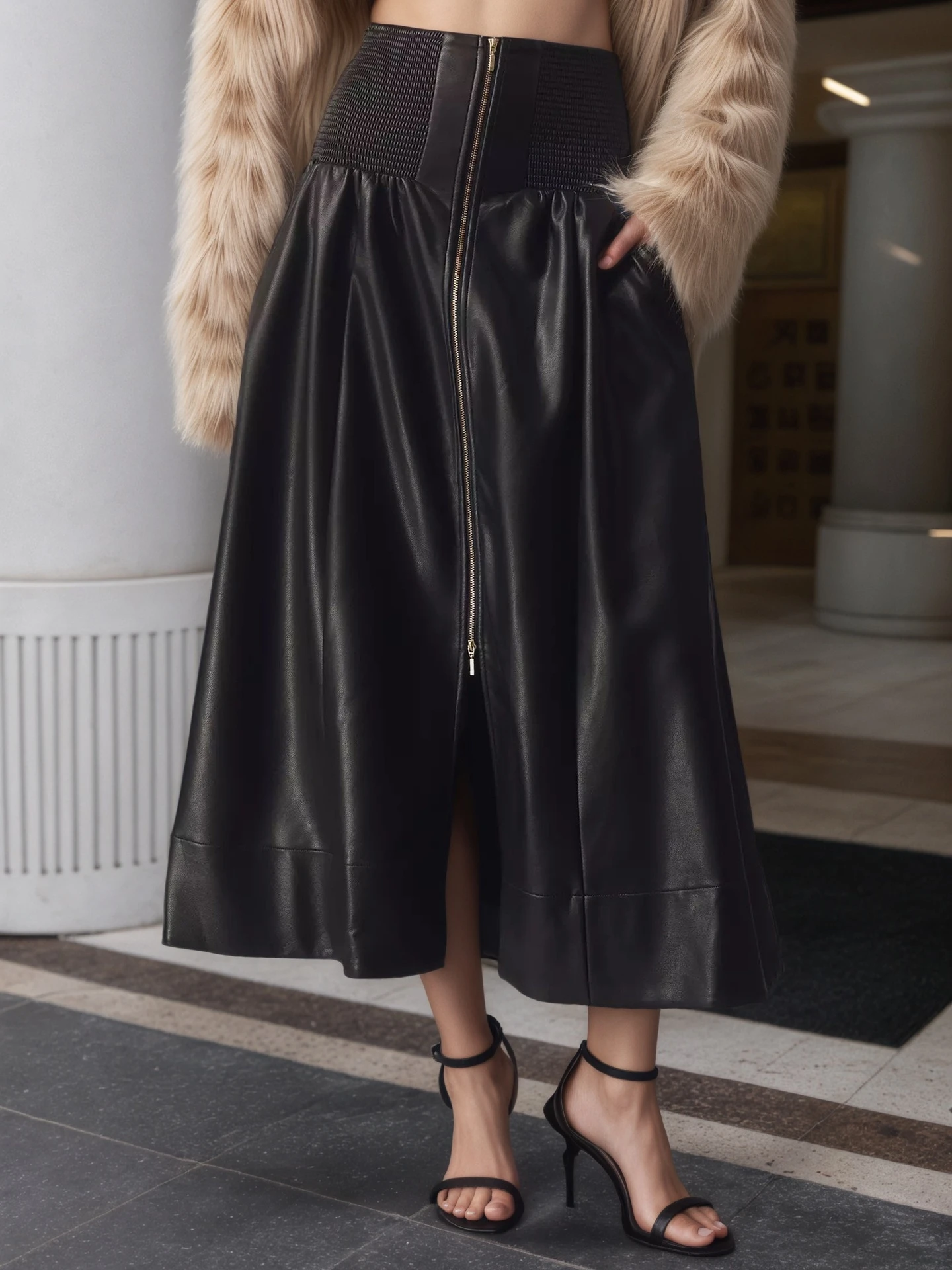 

High Waist Bla PU Leather Skirt f-length A-line Skirt Commute Sle Polyester Fabric Daily Use Ladies' Skirt