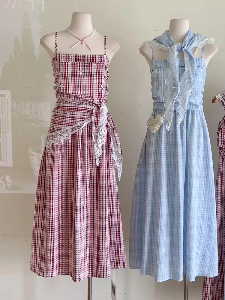 Summer French Vintage Mori Girl Long Plaid Dress Women Coquette 2000s Aesthetic Spaghetti Strap One-Piece Frocks Cottage Core