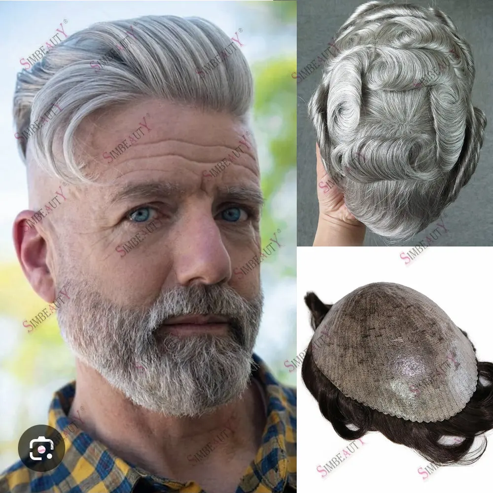 Men's capillary prothesis 0.1mm Injection Skin Toupee Men Wigs 1B65 Grey Black Brown Male Hair Prosthesis 100% Human Hair System